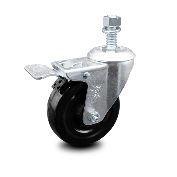 4 Inch Hard Rubber Wheel Swivel 1/2 Inch Threaded Stem Caster Total Lock Brake SCC